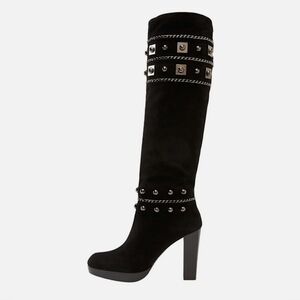 Stuart Weitzman Stadium Knee High Suede Silver Studded Heeled Boots